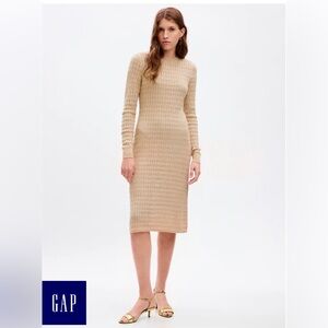 Gold shimmer pointelle midi sweater dress w/slip